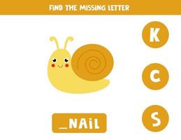 Find missing letter with cute snail. Spelling worksheet. vector