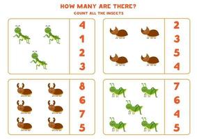 Counting game with cute insects. Math worksheet. vector