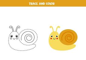 Trace and color cute snail. Worksheet for kids. vector