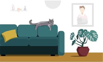 el interior de una acogedora sala de estar con un lindo gato. vector