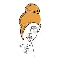 Beautiful woman portrait in minimal line style for logo, emblem template. One line art. Modern fashion linear female face profile. Red hair girl face flat vector illustration.