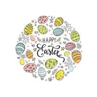 Hand drawn Easter eggs colorful composition on white background. Happy Easter greeting card. Decorative frame from easter eggs in circle shape. Vector illustration