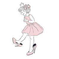 Ilustración de vector dibujado a mano de niña linda en vestido rosa con joyas y los zapatos de su madre se sienten como una princesa. perfecto para postales y carteles
