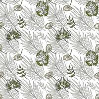 Jungle vector seamless pattern. Tropical leaves in shades of green. One line style art. Trendy summer print. Exotic seamless ornament for background, wrapping paper, fabric, textile, wallpaper.