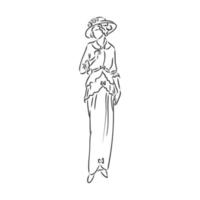 dama vestida antigua. Ilustración de vector de moda antigua. mujer victoriana en traje histórico. dibujo estilizado vintage, estilo retro grabado en madera. vestido retro, dibujo vectorial sobre fondo blanco
