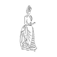 dama vestida antigua. Ilustración de vector de moda antigua. mujer victoriana en traje histórico. dibujo estilizado vintage, estilo retro grabado en madera. vestido retro, dibujo vectorial sobre fondo blanco