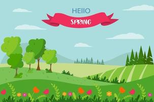 Spring landscape with a bench, with mountains, trees, fields and nature. The inscription hello spring . Cute flat-style illustration vector