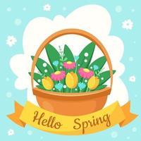 Hello Spring greeting card. Basket with spring flowers. Vector illustration