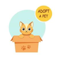 Adopt a pet. Cute kitten in the box. Vector illustration
