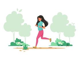 Woman jogging in spring park. Healthy lifestyle, sport, outdoor activity concept. Vector illustration.
