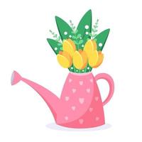 Watering can with spring flowers. Hello spring. Vector illustration