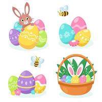 Easter elements bunny, basket with eggs, easter eggs. Vector illustration