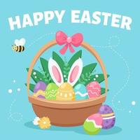 Happy Easter greeting card. Basket with Easter eggs, flowers and a rabbit. vector