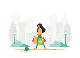 Woman shopping in the city. Urban lifestyle. Vector illustration.