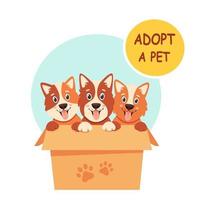 Adopt a pet. Cute puppies in the box. Vector illustration in flat style.