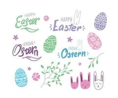 easter Set with eggs, lettering, german fonts and bunny. Spring elements