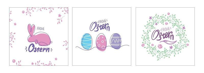 Line art Easter Postcards set. german Ostern card with eggs, bunny and wreath. one line drawing. Colorful spring poster or banner. Frohe Ostern.