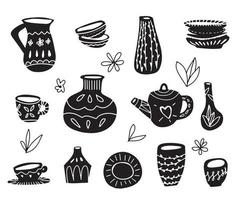 Pottery earthenware, vases, clay bowls and pots isolated on white. Ceramic jugs and vases set. Decorative elements collection for kitchen for your interior design. black and white vector set.