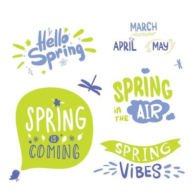 colorful Spring Lettering. Calligraphy hello spring, spring monthes green and blue. spring is coming