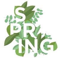 Letras de primavera sobre fondo de hojas. cartel de primavera con tipografía y plantas. verde brillante vector