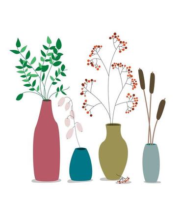vases with dry flowers and plants. Ceramic with died eucalyptus leaves.