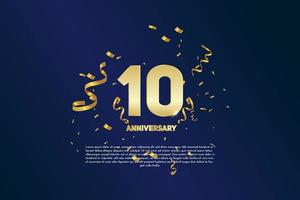 10 year Anniversary celebration. Golden number 10 with sparkling confetti vector