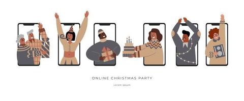 celebración segura de la fiesta de Navidad en línea. reunión virtual de familiares y amigos. variedad de personajes en una videollamada remota. Las tecnologías digitales e Internet conectan a las personas durante el aislamiento. vector