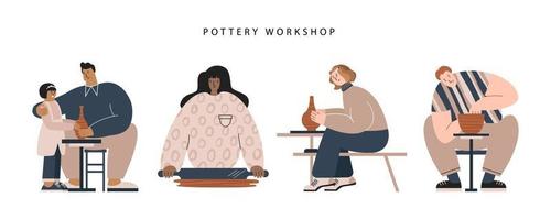 People at ceramic workshop flat vector illustration. Diverse race and skin color characters making pottery. Set of male and female crafters with child. Banner, website, social network design elements.