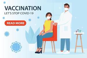Vaccination from coronavirus covid-19. Doctor with patient. Lets stop covid-19 landing page. Vector illustration in flat style