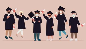 Group of happy young people, graduating in robes and face masks vector