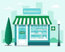 Pharmacy store front on city background. Commercial, property medicine building. Vector illustration in flat style