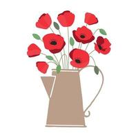 Vector illustration of bouquet of bright red poppy flowers in watering can isolated on white background