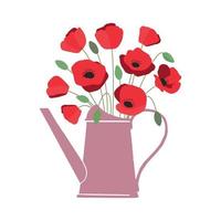 Vector illustration of bouquet of bright red poppy flowers in watering can isolated on white background