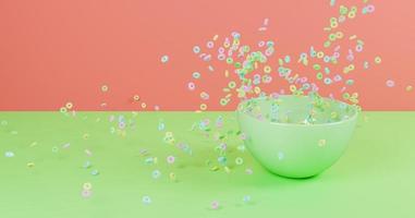 Cereal de color pastel 3d cayendo sobre un tazón verde foto