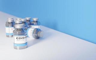 Vacuna contra el coronavirus en una mesa blanca con un fondo azul, representación 3d foto