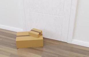 Paquetes de compras en 3D en el piso frente a una puerta