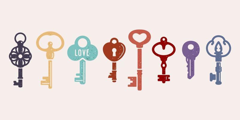Vector collection of old colored keys. Vintage ornamental monochrome icons.
