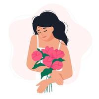Beautiful young woman holding a flowers bouquet in hands. Spring holiday, International Womens day concept. Vector illustration in flat style