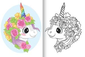 unicornio para colorear con cuerno de colores y flores vector