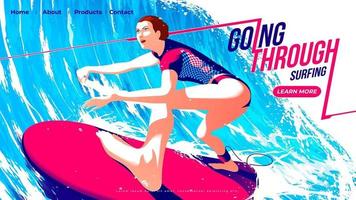 Vector illustration for ui or landing page of surfing sport, female surfer riding the surfboard through the tunnel of the big wave with determination.