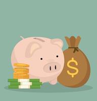 Piggy bank with bag of money and coins vector