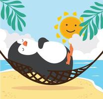 lindo pingüino durmiendo en una hamaca, playa de verano vector