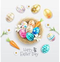 Happy easter day colorful patterned easter eggs in egg nest with lilies and daisies. vector