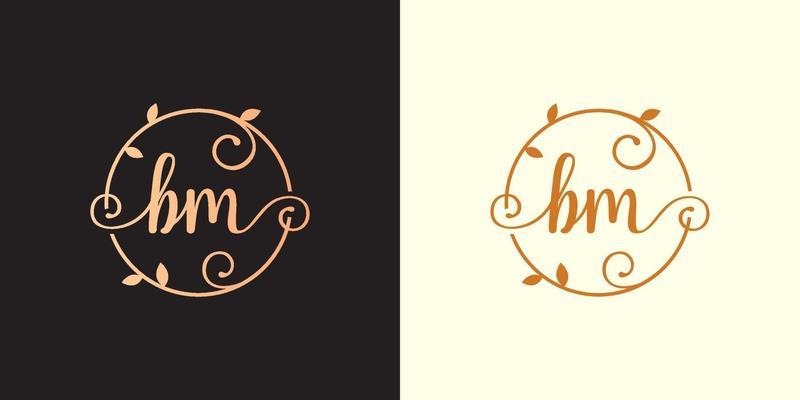 Decorative, luxury Letter BM initial, Classy Monogram logo inside a circular stalk, stem, nest, root with leaves elements. Letter BM flower bouquet wedding logo