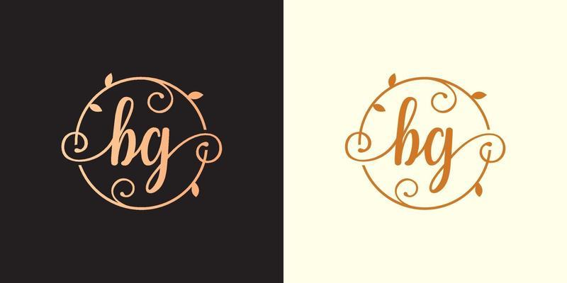 Decorative, luxury Letter BG initial, Classy Monogram logo inside a circular stalk, stem, nest, root with leaves elements. Letter BG flower bouquet wedding logo
