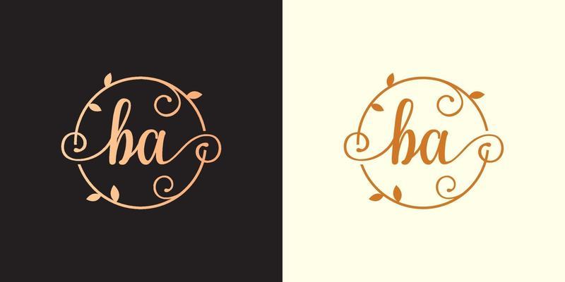 Decorative, luxury Letter BA initial, Classy Monogram logo inside a circular stalk, stem, nest, root with leaves elements. Letter BA flower bouquet wedding logo