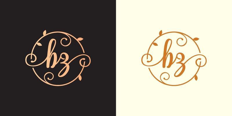 Decorative, luxury Letter BZ initial, Classy Monogram logo inside a circular stalk, stem, nest, root with leaves elements. Letter BZ flower bouquet wedding logo