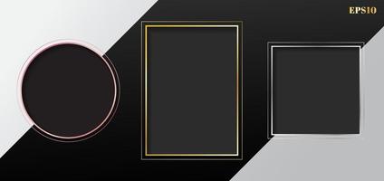 Set of blank gray geometric rectangle, square, circle frame golden, pink gold, silver border on white and black striped background. vector