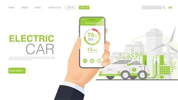 EV Car Or Electric Car At Charging Station. Concept Illustration For Green Environment. Landing Page in Flat Style. Vector EPS 10