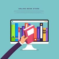 Picking a book from a computer screen. Online book store vector